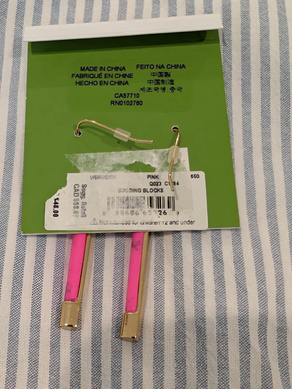 kate spade Bright Pink Marble and Gold Dangle Earrings NWT